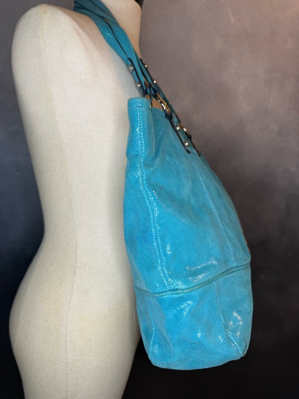 B Makowsky Blue Turquoise Silver Snake Embossed Soft Leather Large Handbag - Picture 6 of 15
